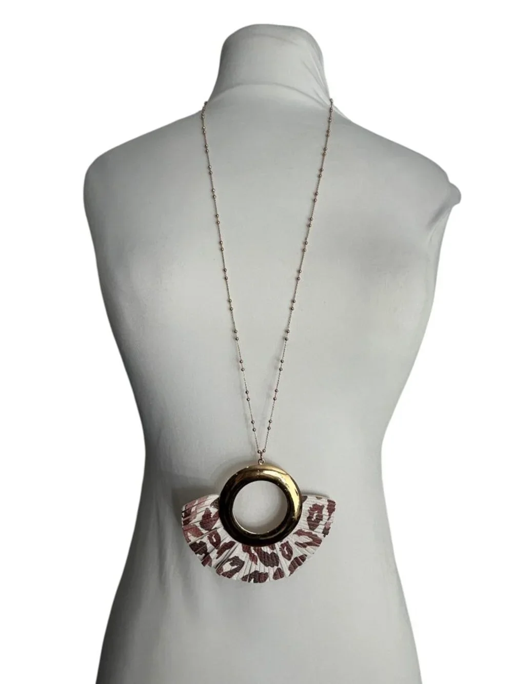 1946 Statement Pendant Necklace Gold Tone Leopard Print Fan Tassel Long Chain